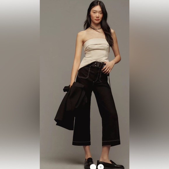 Anthropologie The Colette Contrast-Stitch Cropped Wide-Leg Pants Size 29 - Picture 2 of 6